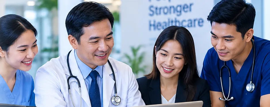 A doctor and three colleagues reviewing candidates together on a laptop