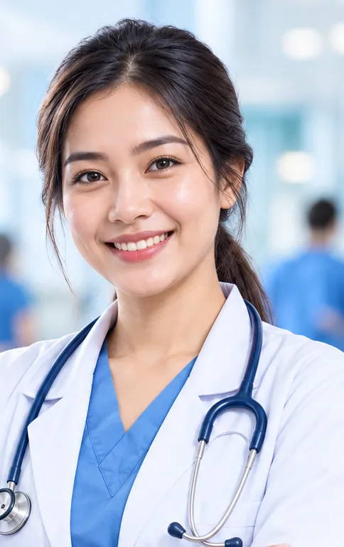 A smiling healthcare professional in a white coat with a stethoscope